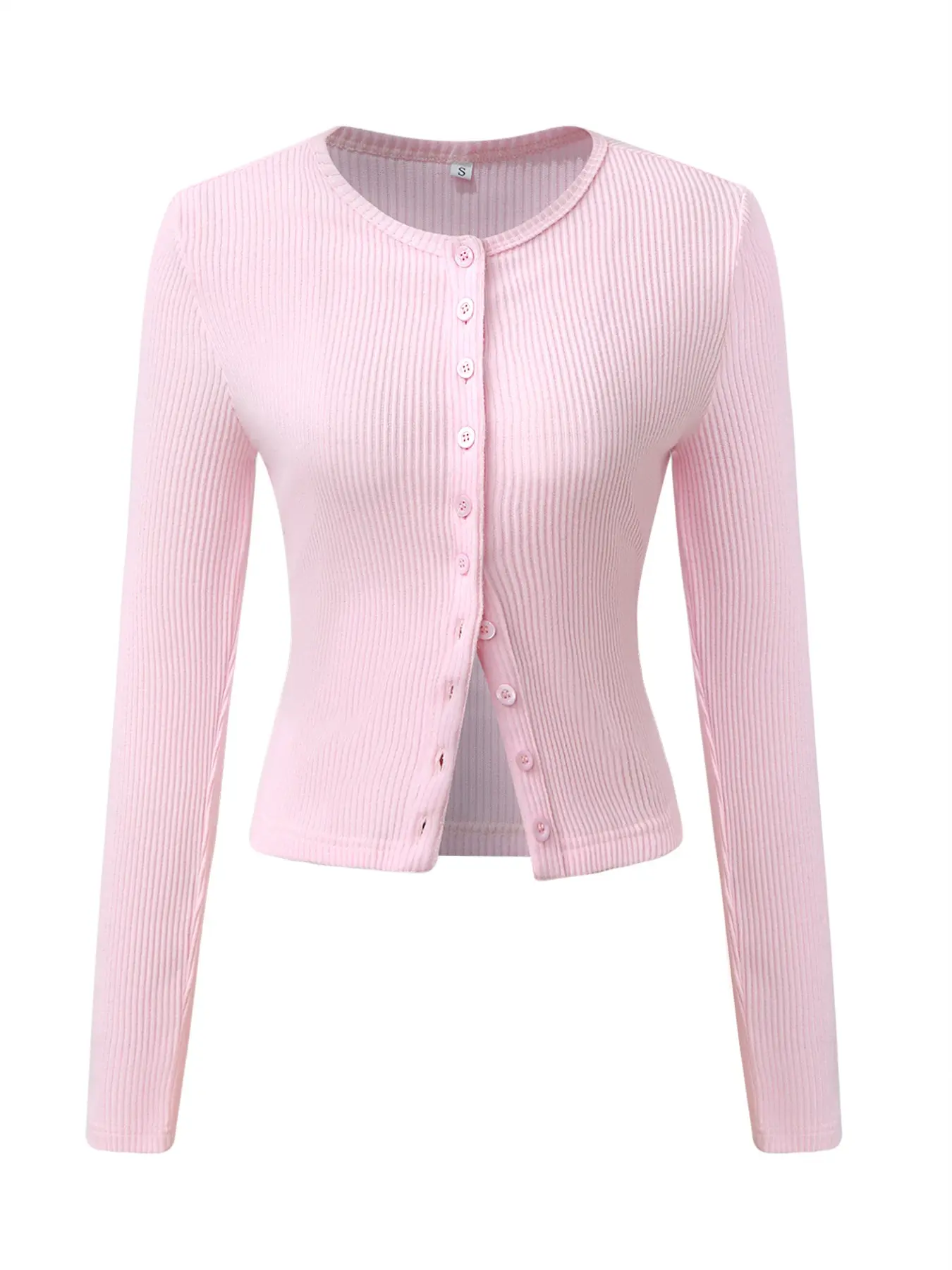 Women's Plain Solid Basic Button Front Ribbed Tee, Casual Long Sleeve Round Neck T-Shirt for Spring & Fall, Women's Top for Daily Wear, Womenswear