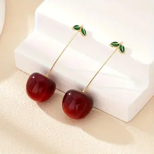 Sweet Cherry Resin Earrings - Whimsical Heart-Shaped Dangles with Translucent Fruit & Green Leaf, Elegant Jewelry for Dating & Daily Wear, Whimsical Earrings