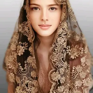Beautiful Pewter Gold and Black Mantilla - Heavy Embroidered Lightweight Catholic Woman Tradition Headpiece