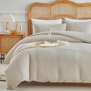 Waffle Weave Duvet Cover  Size, Khaki Textured Duvet Cover Set, Soft and Breathable Comforter Cover, 3 count Microfiber Bedding Set for  Season(Khaki,)