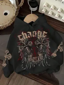 Women’s fashion street style: casual, versatile, dark, gothic, cross-stitch print hooded sweatshirt with fleece lining. Perfect for keeping warm in autumn and winter. Suitable for gothic enthusiasts, everyday wear, work, school, and other occasions