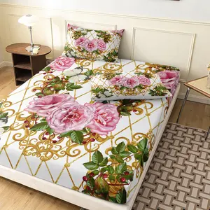 3Pcs Romantic Floral Bedding Fitted Sheet Set, Deep Pocket Baroque Rose Pattern Bed Linen, All Season Luxury Bed Sheet with 2 Pillowcases (Pillow Not Included)