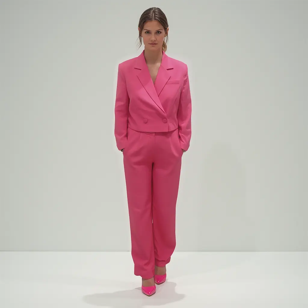 Crop Blazer and Trouser Set - 2pc Set with Slim Fit Design