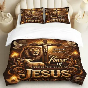 3PCS Duvet Cover Set, 1 Duvet+2 Pillowcases(Without filler), Religious Lion Lamb Cross Jesus theme, Christmas bedding set, Spiritual Inspirational Comfortable Suitable for decoration bedroom living room guest room hotel.