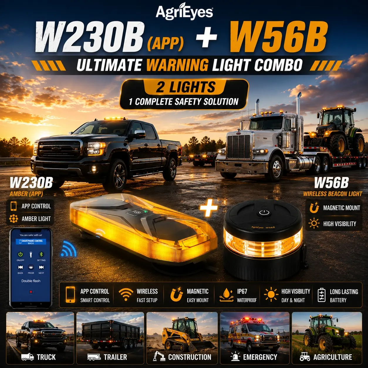 AgriEyes W230B Wireless Roof Light Bar & W56B Rechargeable Magnetic Beacon Light Bundle, Remote & App Controlled LED Strobe Lights, IP67 Waterproof Safety Lighting Kit for Pickup, Off-Road Trucks, Work Trucks & Tractors backtoschool