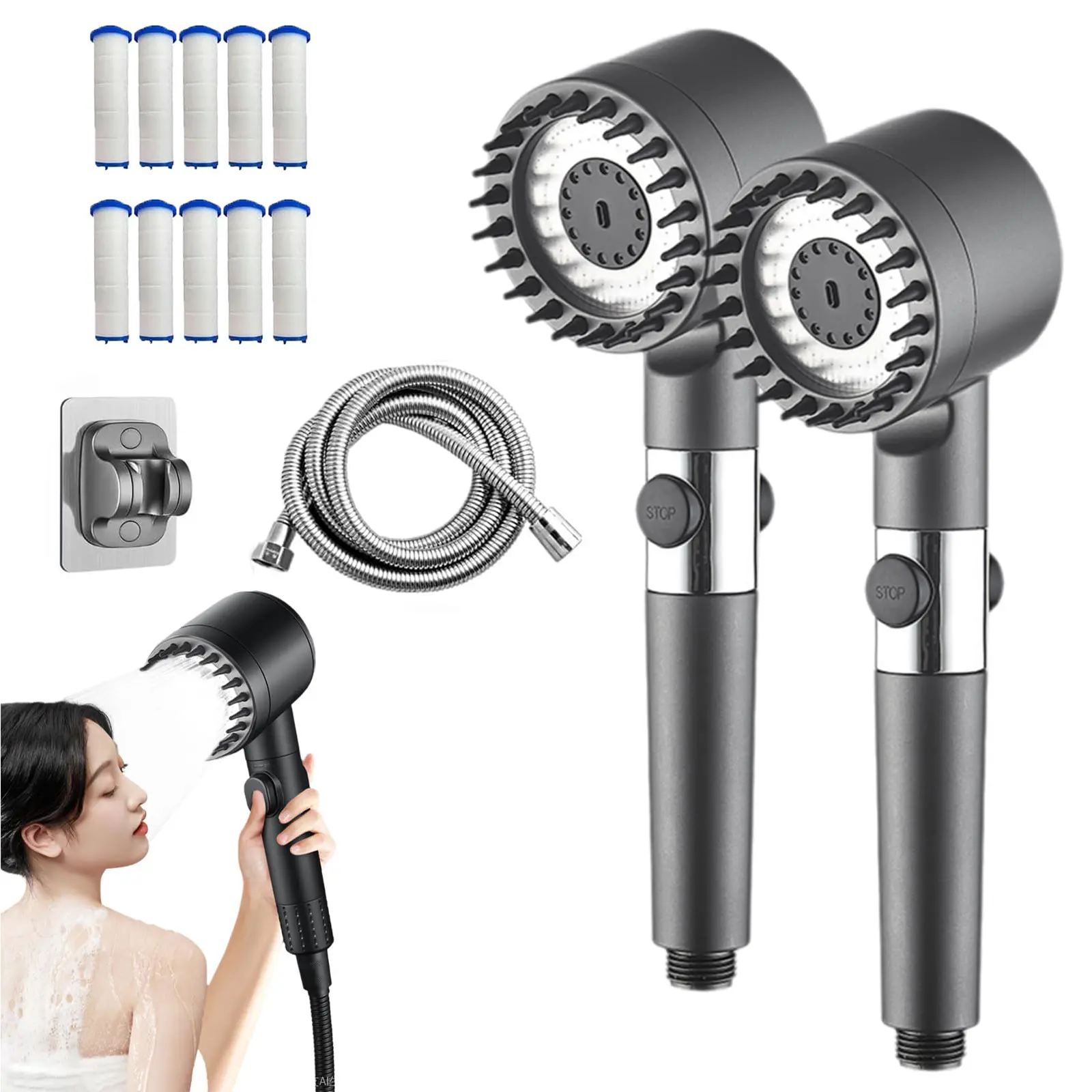 Multifunctional Massage Shower, Handheld High Pressure Shower Head,Massage And Skin Beauty Multifunctional Shower, 3 Settings 4 in 1 Detachable Showerhead with 47” Hose, Bracket and 2Filters