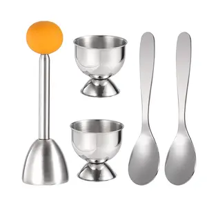 Egg Cracker Topper Set Soft Hard Boiled Eggs Separator Tool 2 Egg Cups,2 Metal Spoons&1 Soft Boiled Egg Cutter or Opener