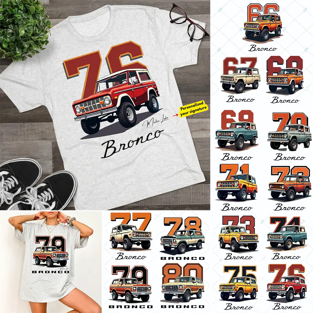 Personalized Vintage Ford Bronco 1966-1980 Graphic Gray T-Shirt, Custom Name Signature Tee for Men and Women, Classic Car Enthusiast Gift, Retro Off-Road Apparel, Unisex Cotton Top