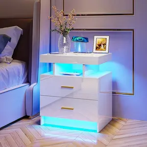 LED Nightstand With Charging Station And Body Sensing Lights, High Gloss Night Stand With Wireless/USB/Type-C Ports, Bedside Table With 2 Drawers/3 Color&Adjustable Brightness Light Strip Marble Dining