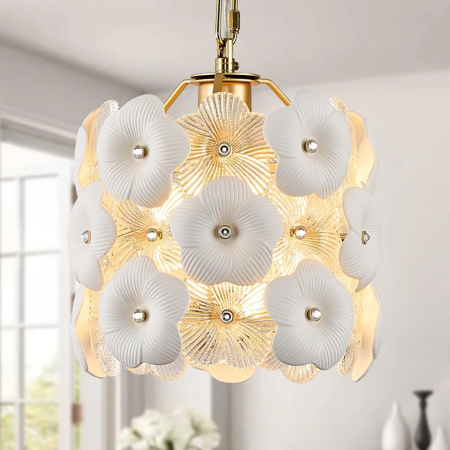 Glass Pendant Light with White Ceramic , 1-Pack Luxury Small Ceiling Pendant Light Fixture 1-Light for Kitchen  Sink Dining Room Entryway Hallway, E26