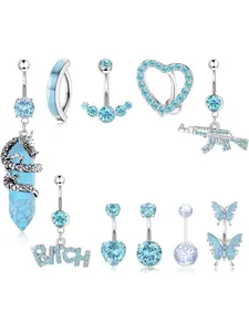 Exquisite 10 Pcs Blue Shining Belly Button Piercings Trendy Copper Stainless Steel Navel Rings for Women Men Dangle Belly Bar CZ Butterfly Sweet Heart Curved Reverse Body Piercing Jewelry Set