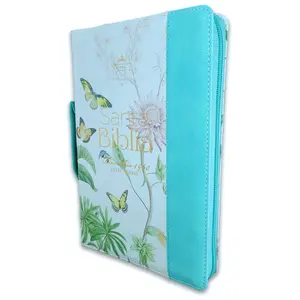 Bible in Spanish for Women with Zipper 12 Point Large Font Reina Valera 1960 Imitation Leather Turquoise with Floral Index with Handle