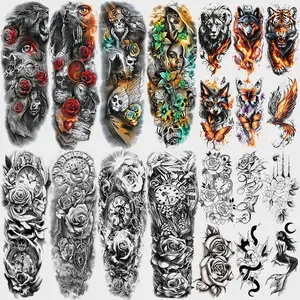 20 Pcs Full Arm Temporary Tattoos, Fox Wolf Lion Rose Clock Dove Stickers, Waterproof Realistic Fake Tattoos, Adult Men Women Arm Leg