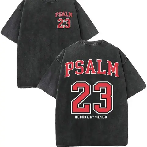Women's Soft Round Neck Short-Sleeve Christian T-Shirt - Psalm 23 'The Lord Is My Shepherd' Scripture Print, 230 Heavyweight Pure Cotton Double-Sided Vintage Washed Tee, Classic Casual Top, Christian Gift