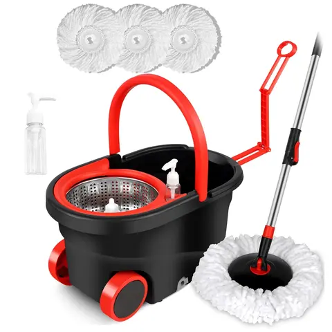 Spin Mop and Bucket Wringer 360° Rotating for Home & Office Use, Wet & Dry Cleaning System with Clear Soap Dispenser & Leak-Proof Drain Outlet, 3 Microfiber Mop Refills, works on all common floor surfaces – Black