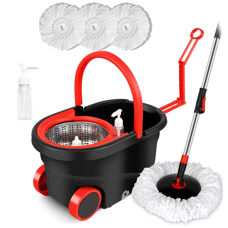 Spin Mop and Bucket Wringer 360° Rotating for Home & Office Use, Wet & Dry Cleaning System with Clear Soap Dispenser & Leak-Proof Drain Outlet, 3 Microfiber Mop Refills, works on all common floor surfaces – Black