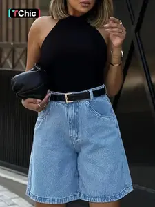 Summer Elastic Waist Casual Daily Commute Streetwear Solid Color Denim Shorts, Comfortable and Stylish Jeans for Women