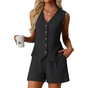 Lepunuo Women's Summer 2 Piece Outfits Sleeveless Button Down V Neck Vest Business Casual Outfits Vacation Travel Sets