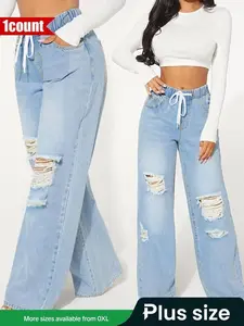 ?? Plus Size?? Ripped Drawstring Waist Wide Leg Jeans, Casual Baggy Pocket Design Jeans for Daily Wear, Women's Denim Bottoms for All Seasons, Streetwear, Womenswear