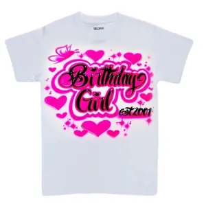 Birthday Girl Airbrush Shirt – Y2K Hearts & Butterflies Tee, Cute Party Graphic T-Shirt
