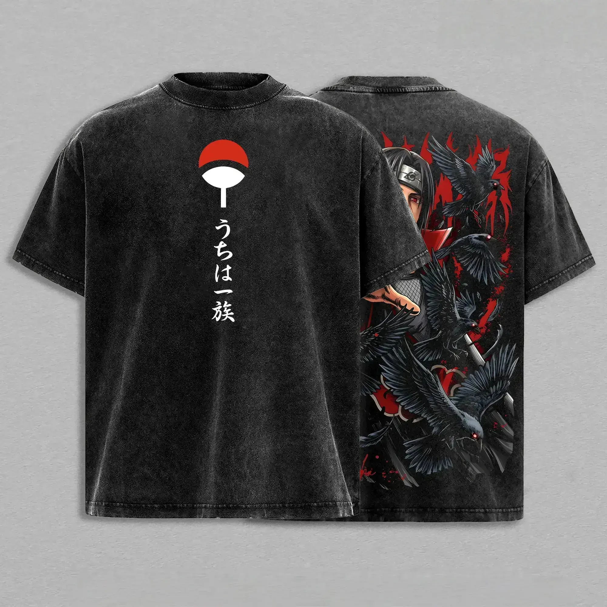 Vintage Washed Oversized Anime Graphic Tee 100% Cotton Uchiha Clan Shinobi Crow Illusion Red Eye Ninja Streetwear Retro Y2K Trendy Japanese Manga Top Casual Cool Fan Apparel Cosplay Gift Summer Skater Gym Outfits Unisex Aesthetic Clothes Shirt Tops Now