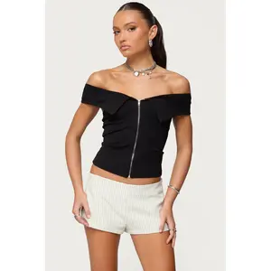 Collared Off Shoulder Zip Up Top