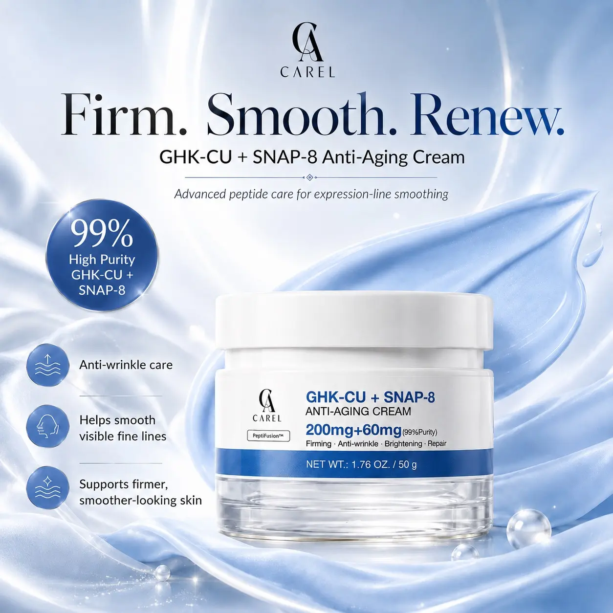 CAREL Peptide Anti-Aging & Firming Cream | GHK-CU + SNAP-8 Moisturizer for Wrinkles, Loss of Firmness, Skin Elasticity, Deep Hydration & Youthful-Looking Skin | 1.76 oz