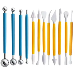 12pcs Sugarcraft Cake Decorating Tools (including 4pcs Double-ended Metal Ball Shaped Tools + 8pcs Plastic Fondant Sculpting Tools)
