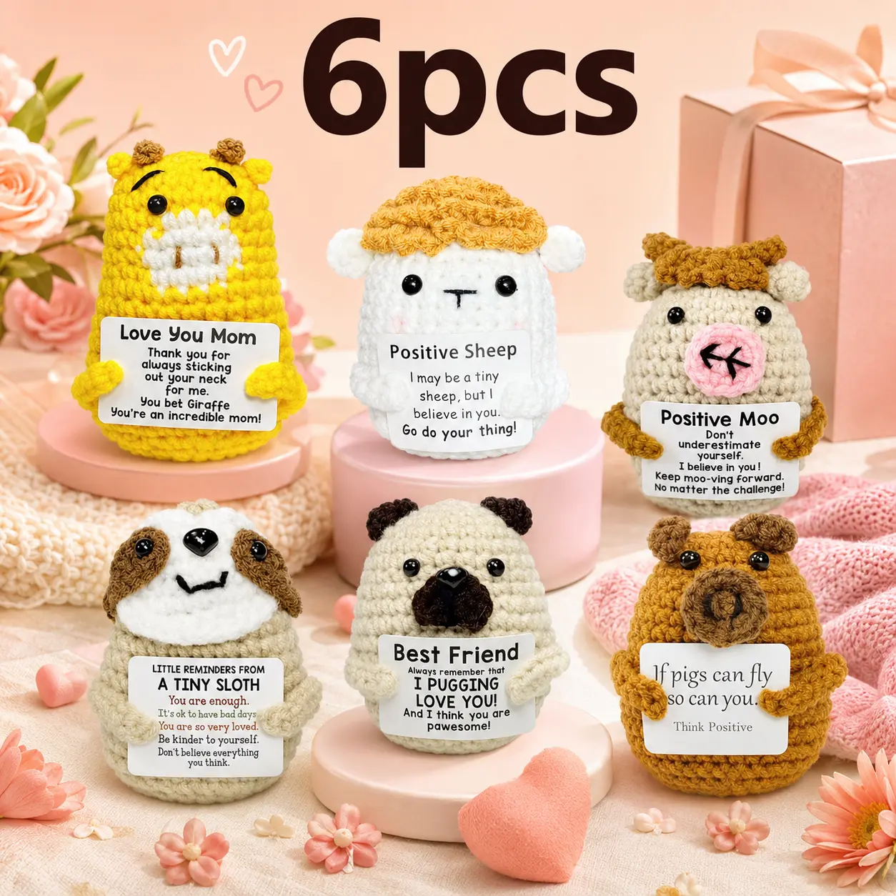 6Pcs Positive Crochet Animal Dolls Set, Mini Handmade Emotional Support Animals with Encouraging Message Cards, Cute Desk Decor Gifts for Mom, Friends & Kids