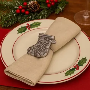 Antique Silver Christmas Stocking Napkin Rings – Decorative Metal Table Setting (Set of 4)