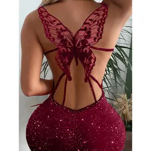 Women's Glitter Butterfly Pattern Hollow Out Bodycon Dress - Elegant Sleeveless Backless Dress - For Party Dressing - Gift for Women