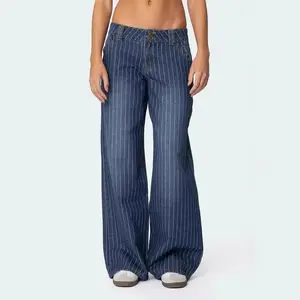 Blue Vertical Striped Jeans for Women, Washed Casual Loose Wide-Leg Pants, Striped Straight-Leg Trousers