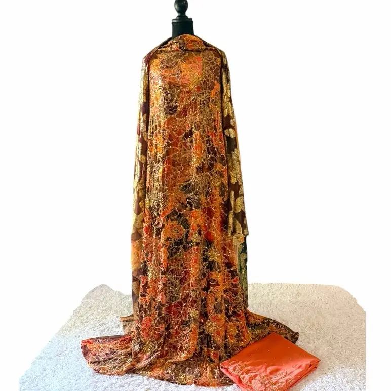 Rust orange with brown Velvet Elegant Floral 3PC Unstitched Dirac Driya with Rich Gold & Bronze Embroidery Perfect for Eid Celebration & Gathering
