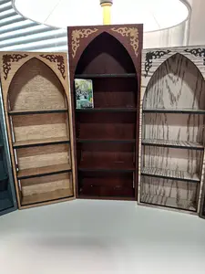 Gothic Style Mini Bookshelf with Arched Design and Wooden Shelves for Decorative Display