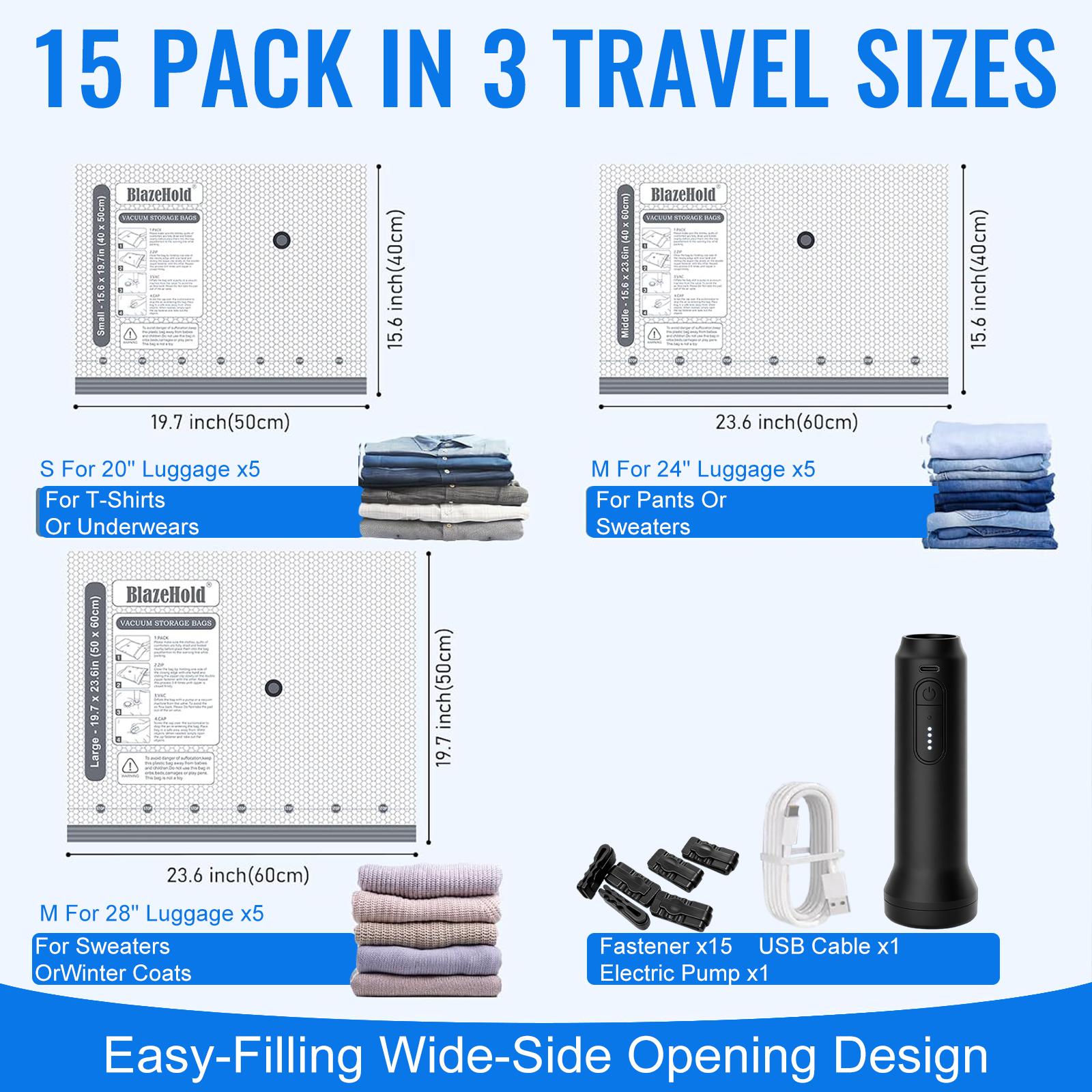 Cordless Travel Vacuum Compression Bag Set for Carry-On Suitcases (Electric Pump)Compressible Travel Bags, Vacuum Packing Kits, Luggage Packing Organiser