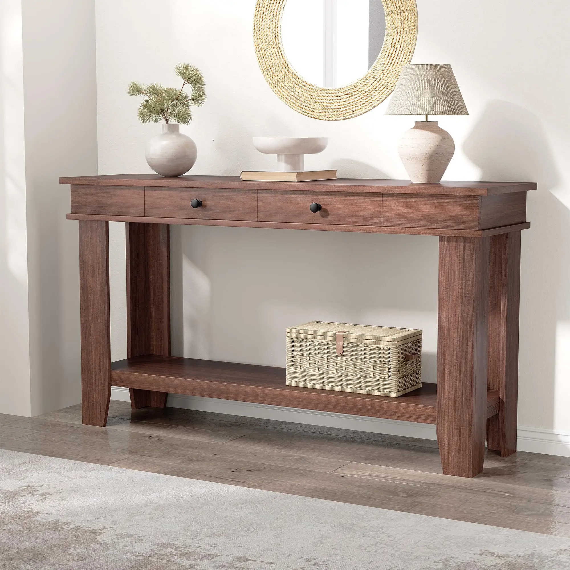 Garvee 54-Inch Rustic Modern Farmhouse Console Table - Wooden Rectangular Sofa Table with Drawers, Open Storage Shelf for Entryway, Living Room (Brown, Gray, White Finishes), Modern Farmhouse Table