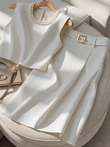 Women's Fashion Two-Piece Set with Round Neck Decoration, Faux Pearl Embellished Top and Short Skirt, Stylish Elegance for Casual Wear, Womenswear