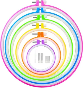 Caydo 6 Pieces Embroidery Hoops and 15 Needles, Plastic Circle Cross Stitch Hoop Ring Embroidery Circle Set, 3.4 Inch to 10.4 Inch (Multicolor)