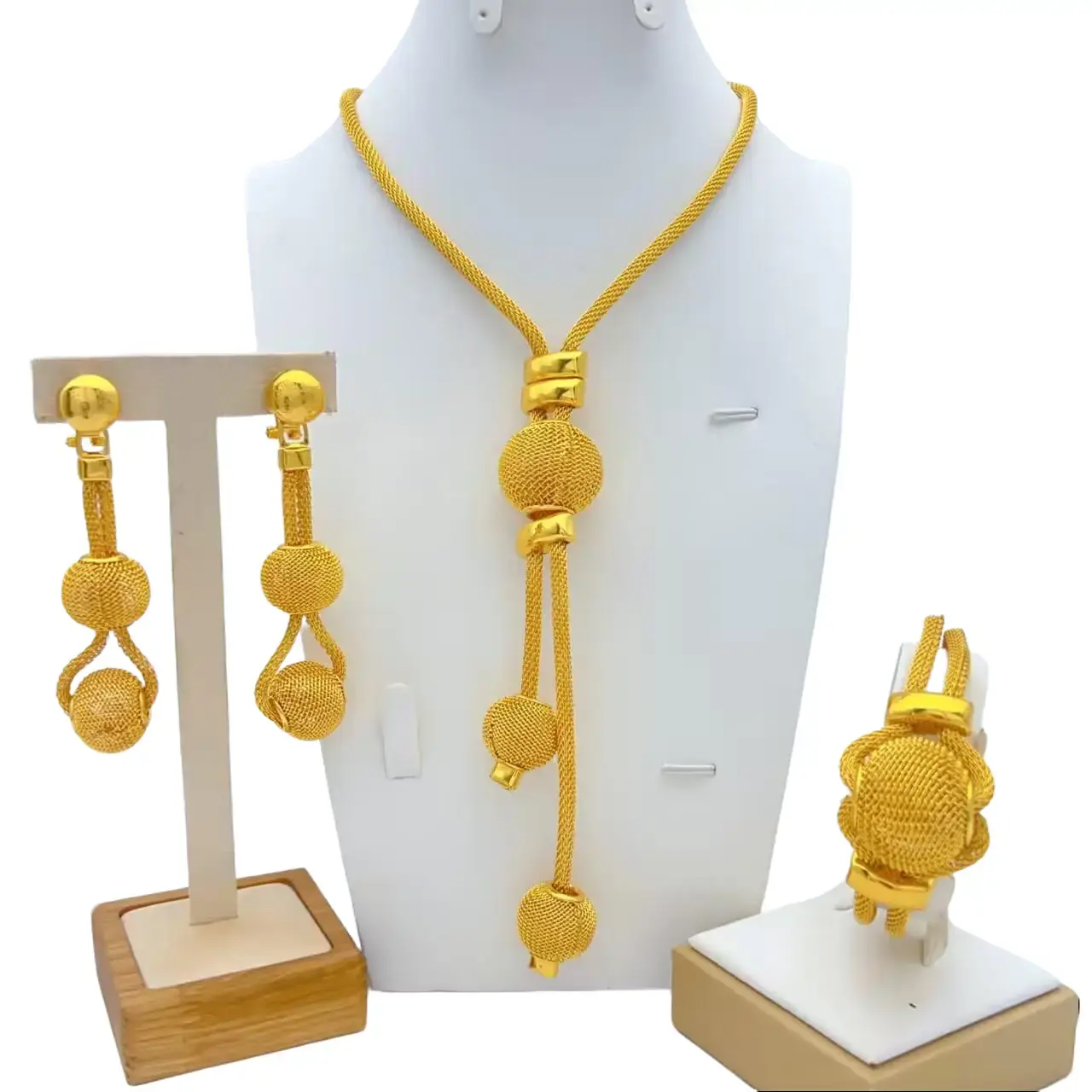 Women's Luxury 24K Gold-Plated Mesh Ball 3PC Jewelry Set Gold-toned Jewelry Necklace, Earrings, Bracelet for Bridal Wear Period Brass Jewelry