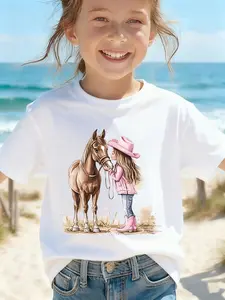 Children's summer comfortable "Western Cowgirl" pattern, outdoor casual sports - girls' cartoon printed T-shirt, Graphic Tee
