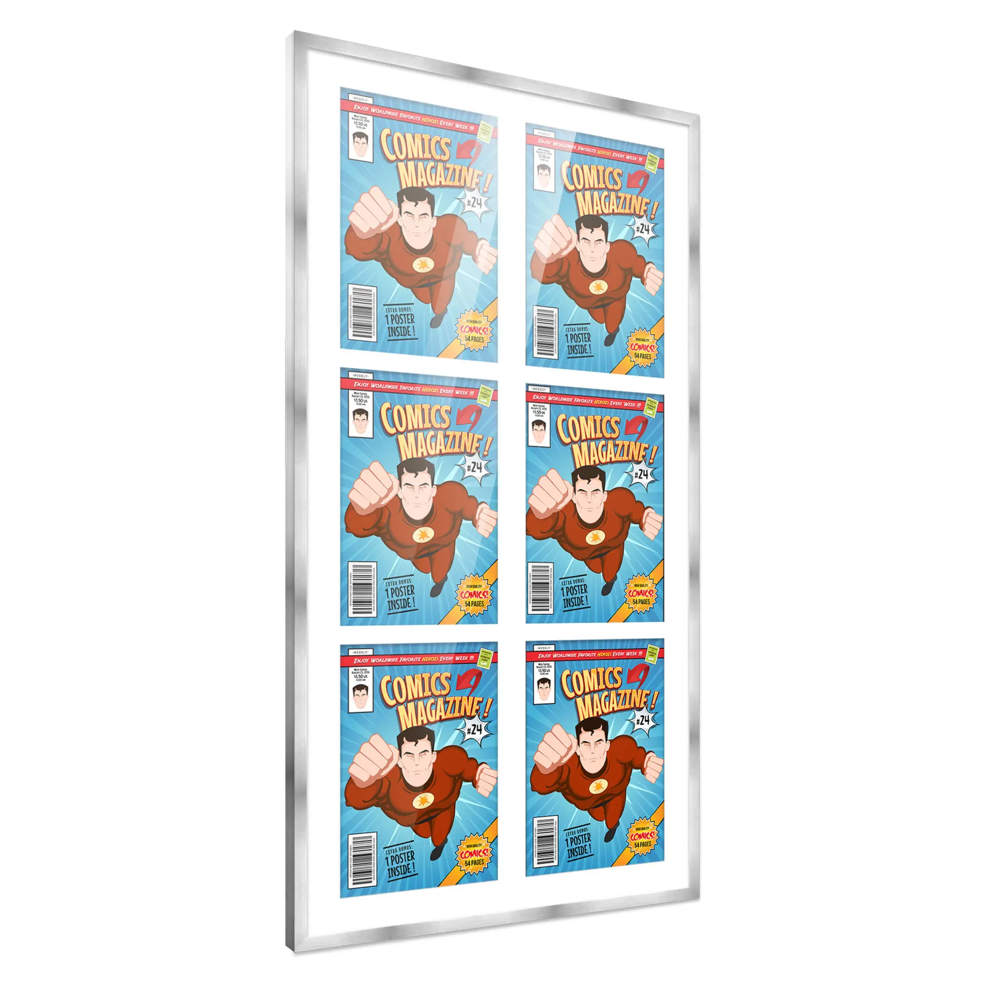 Comic Book Frame with Mat for 6 Silver Age Comics Published Between 1956 and 1970 - Silver Wood Comic Frame With White Mat for 7.125x10.5 Comics - 20x38.5 Frame Size