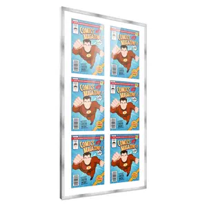 Comic Book Frame with Mat for 6 Bronze Age Comics Published Between 1970 and 1985 - Silver Wood Comic Frame With White Mat for 7.25x10.5 Comics - 20x38.5 Frame Size