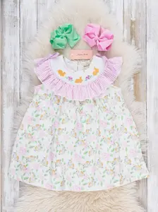 Floral Bunny Rabbits Smocked Ruffle Dress