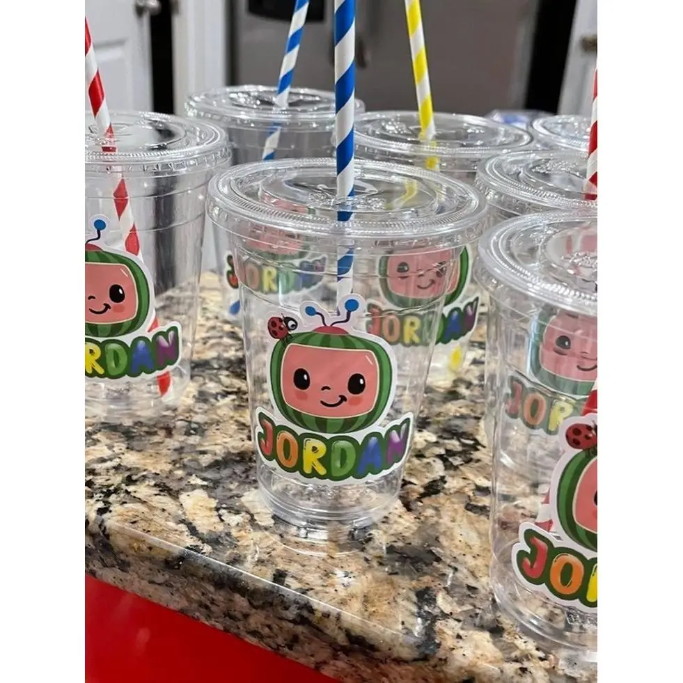 12 Personalized Transparent Cups with Lids and Straws for Kids' Birthdays and Parties Infantile Design