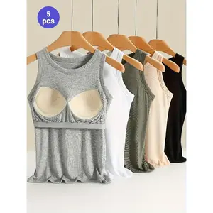 ELEGANT APPAREL CO. 5pcs Women's Sleeveless Tank Tops with Built-In Bra Pads - Stretchy Viscose-Spandex Blend, Seamless Non-Removable Pads, Solid Colors Suitable for Home & Casual Wear, All-Season Layering Essentials, Opaque Blouses for Females