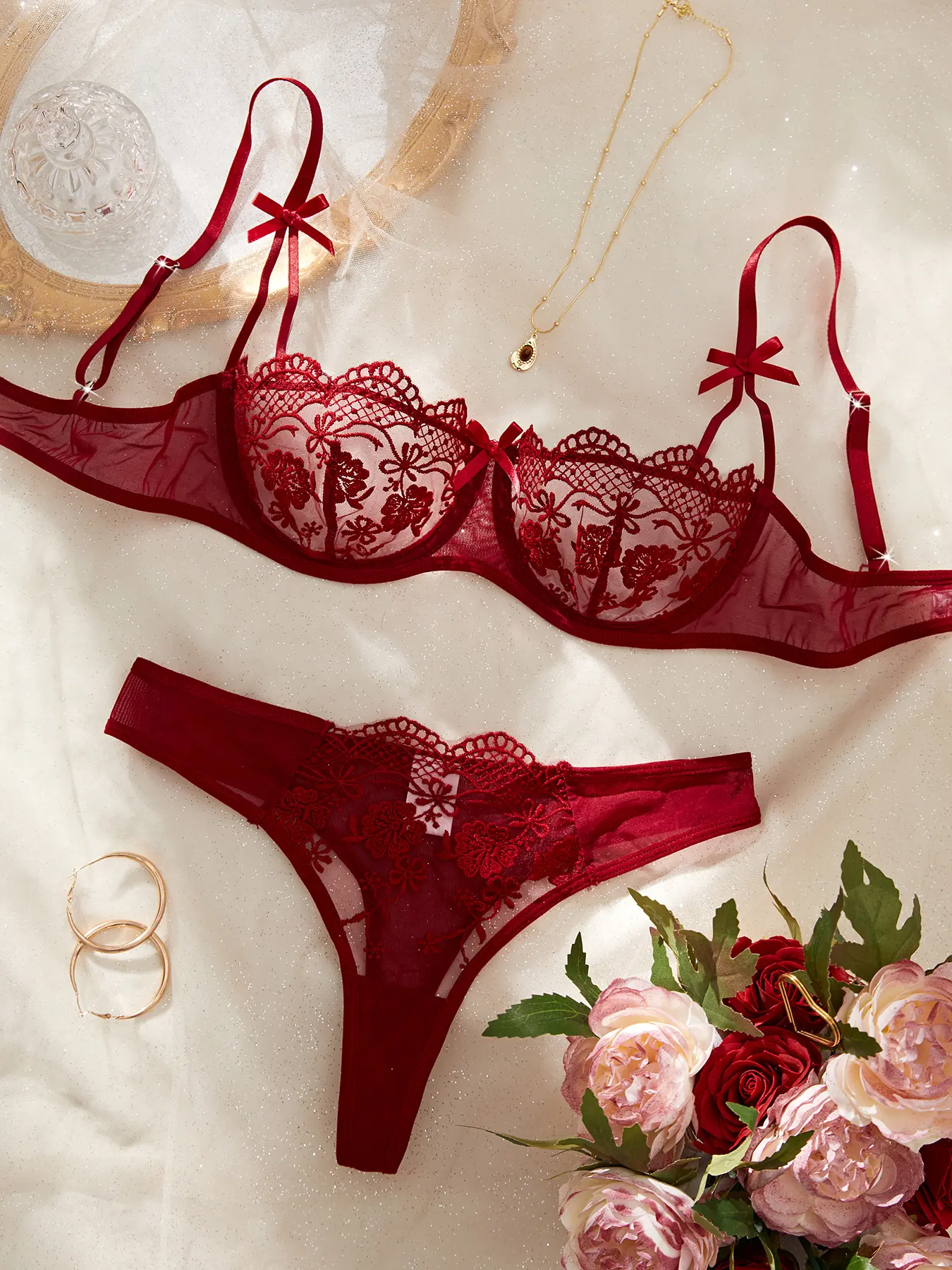 Women's Christmas Red Breathable Lace Mesh Nightdress Lingerie Set - Sexy Flower Embroidery, Bowknot Design, Lace Bodysuits, Cheeky Feminine Synthetic Fantasy 2-Piece All-Season Underwear Sets, Feminine Underwear Sets