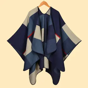 Cape & Cloak Outerwear,Women'S Plaid Sweater Poncho Cape Coat Open Front Blanket Shawls And Wraps,Cashmere-Like Knitted Scarf-Oil Painting Cape