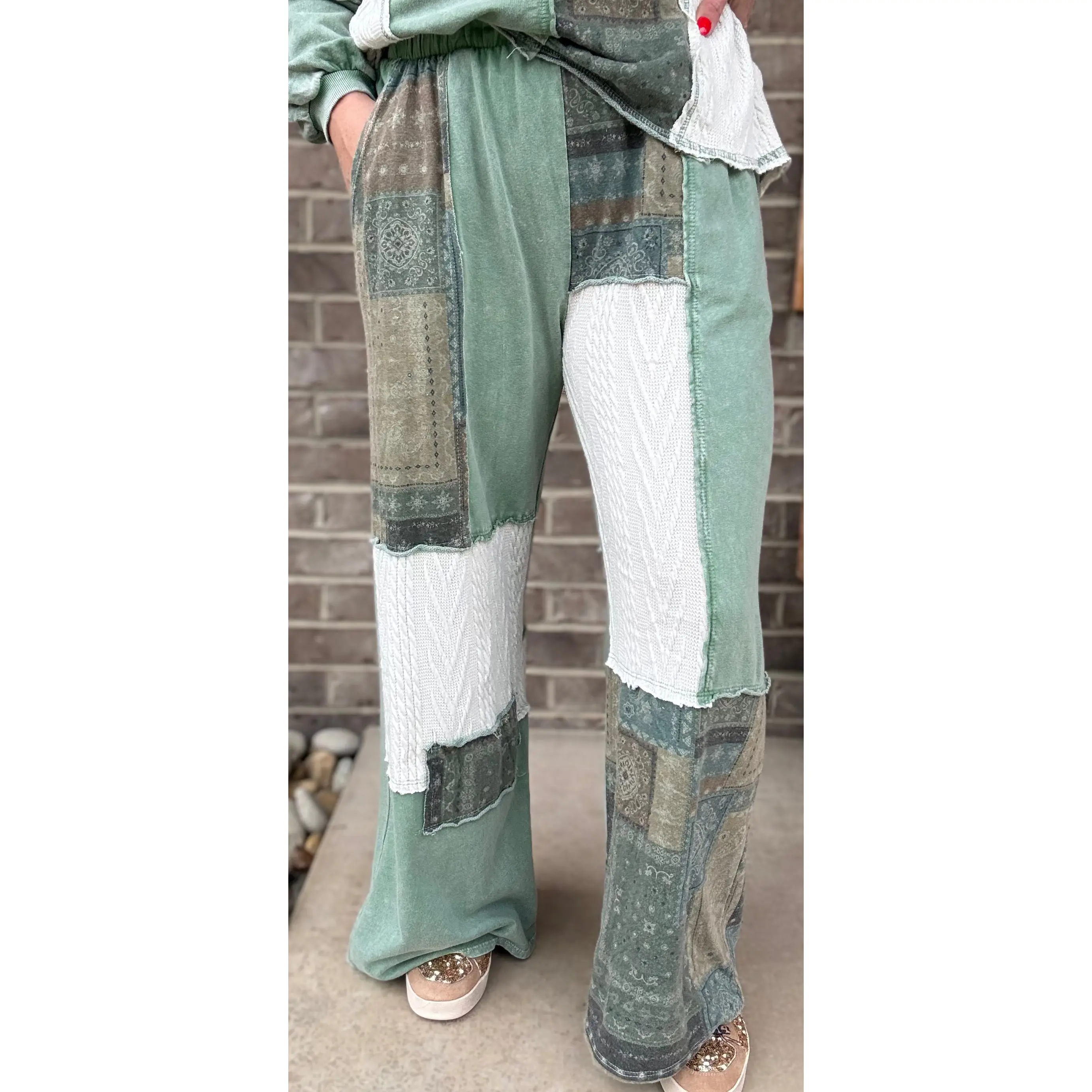 Moss Green Mineral Washed Bandana Patchwork Pants by J. Her