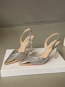 Unique Design Woven Metal Pointed Toe Stiletto Heels, Designer Eye-Catching High Heels, Breathable Back Strap, Silver Color Future Sense