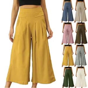 SCUSTY Women's Solid Color Cotton Linen Wide Leg Pants Elastic Waist Culottes Capri Trousers with Side Pockets